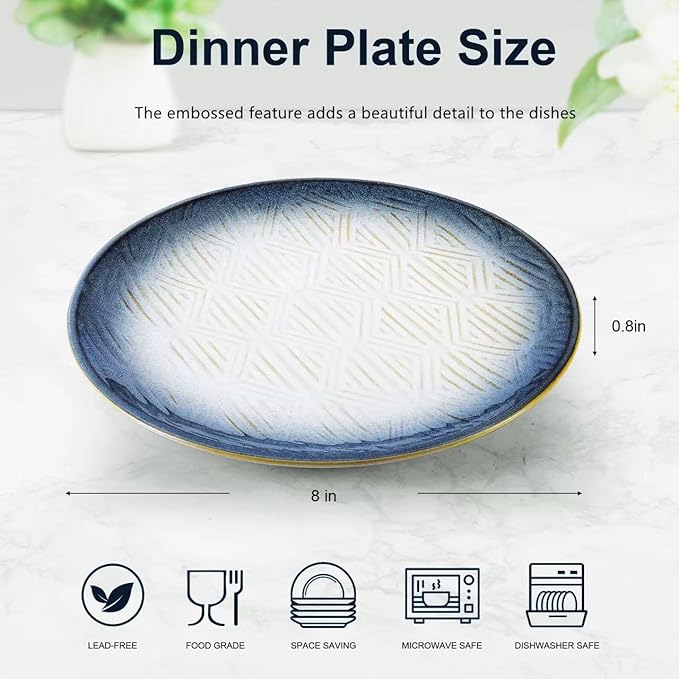 8” Stoneware Coupe Appetizer Plates with Reactive Glaze Finish, Dishwasher Microwave Oven Safe, for Salad, Dessert, Steak, Pasta (set of 6) (8" reactive glaze plates)