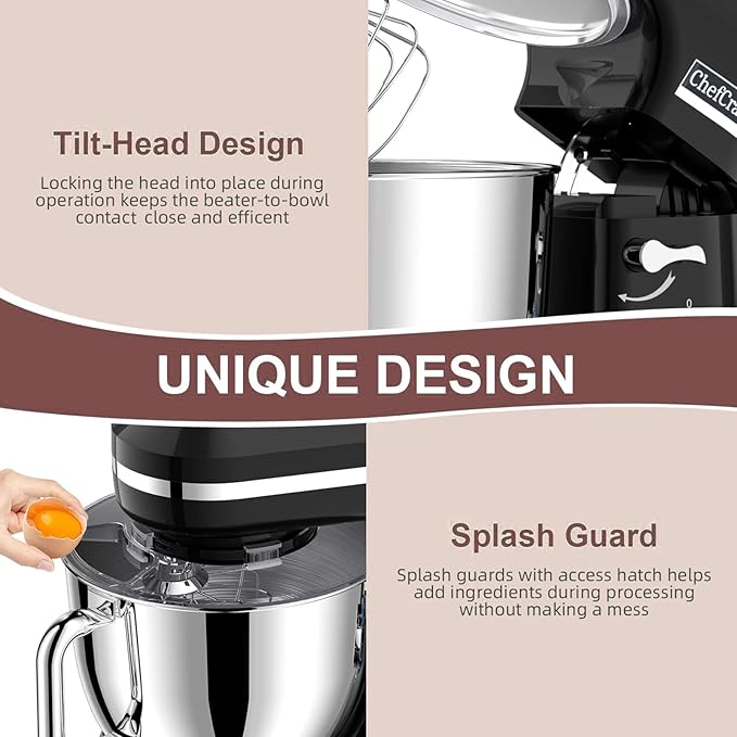 Household Stand Mixer with 6.5 Quart Bowl, Electric Food Mixer 10+p Speeds 660W, Kitchen Tilt-Head Bread Dough and Cake Mixers with Dough Hook, Whisk, Beater, Splash Guard and Egg Separator (Black)