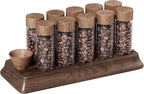 Single Dose Coffee Bean Storage Tubes Coffee Storage Container with One-Way Exhaust Valve,Coffee Bean Cellar 10 Pcs Dosing Glass Vials (2 Oz) Walnut Wood Stand Funnel And Lids