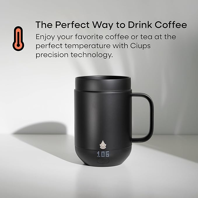 Ciups - Smart Heated Coffee Mug, 16 oz, 4-Hour Battery Life, Cup Warmer, Self Heating, Temperature Control, LED Display, Black
