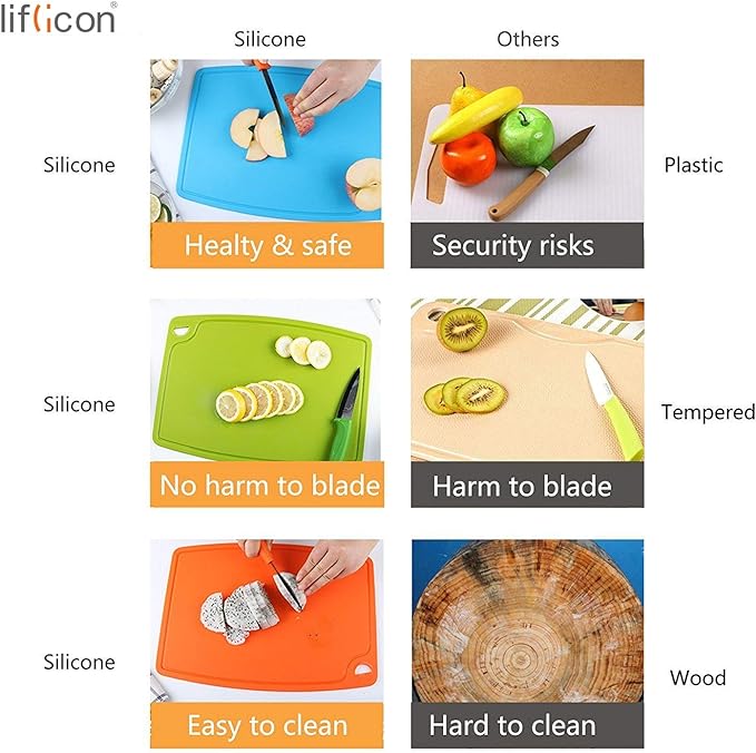 Silicone Thick Cutting Boards Mats Set of 3 Foldable & Flexible Design Juice Grooves Easy Grip Handle Dishwasher Safe for Kitchen,BPA free Silicone Cutting Board-Green