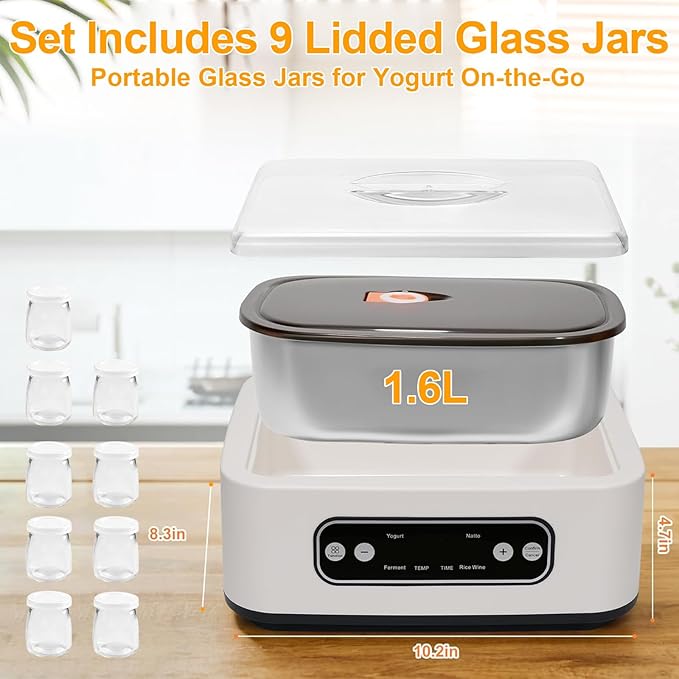 Yogurt Maker Machine, Automatic Yogurt Maker with Constant Temperature Control & Smart Timer, Digital Greek Yogurt Machine for Home, Includes 9x100ML/3.4oz Glass Jars & 1.6L Stainless Steel Liner