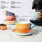 KitchenTour Espresso Cups and Saucers set, 6-pack,7oz - Cappuccino Cups with handle set of 6 - Teacup for Tea Party Bohemia style