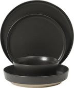 Gibson Elite Overbrook 16-Piece Pottery Clay Stoneware Dinnerware Set – Black Reactive Glaze, Stackable Plates and Bowls W/Pasta Bowl, Service for 4 – Microwave & Dishwasher Safe