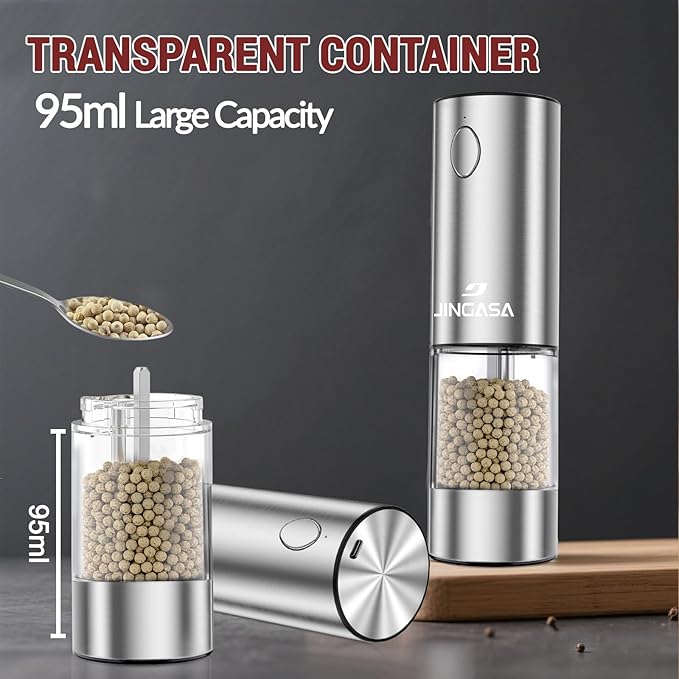 [Upgraded Larger Capacity] Electric Salt and Pepper Grinder Set with USB Charging Base, 95ml Large Capacity, Adjustable Coarseness,Stainless Steel Automatic Pepper Mill with One-Hand Operation, 1 Pack