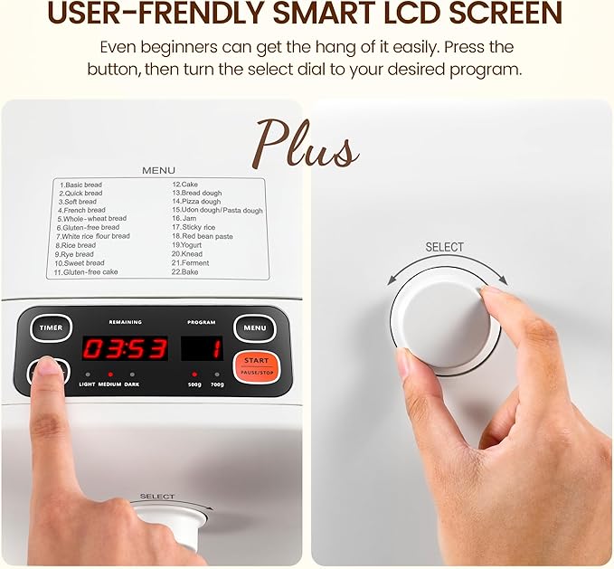 22-In-1 Compact Automatic Bread Maker Machine, 1LB/1.5LB Programmable 2 Loaf Sizes, 3 Crust Colors, Small Digital Home Bakery with Dough, Cake, Jam, Yogurt, Non-stick Pan, White