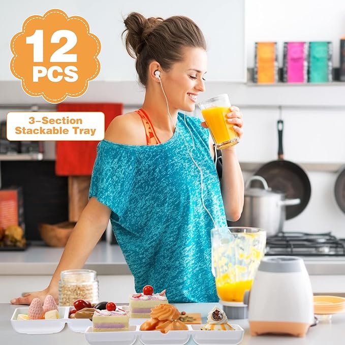 12 Pcs Small White Plastic Appetizer Serving Tray 3 Compartment Serving Dishes Reusable Stackable Sectional Platter Rectangular Divided Split Dish for Restaurant Kitchen Food Candy