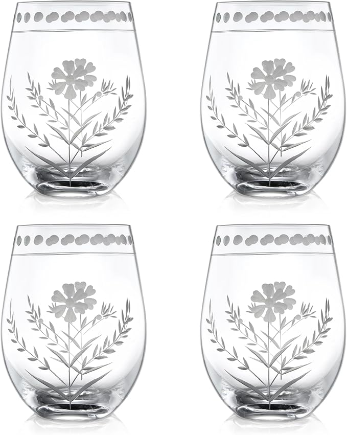 Joeyan Hand Blown Etched Stemless Wine Glasses,Carved Red and White Wine Tumbler with Floral Pattern,Clear Drinking Glass Cups,Glassware for Birthday Party Anniversary,19 oz,Set of 4,Dishwasher Safe