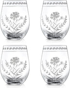 Joeyan Hand Blown Etched Stemless Wine Glasses,Carved Red and White Wine Tumbler with Floral Pattern,Clear Drinking Glass Cups,Glassware for Birthday Party Anniversary,19 oz,Set of 4,Dishwasher Safe