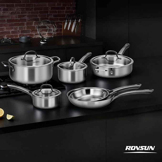 ROVSUN 10-Pcs Stainless Steel Cookware Set, Tri-Ply Pots and Pans Set, Non-Toxic Kitchen Set, PFOA & PTFE Free, Full Clad Frying Pans, Saucepans, Saute Pan & Stock Pot, Compatible for All Cooktops