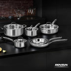 ROVSUN 10-Pcs Stainless Steel Cookware Set, Tri-Ply Pots and Pans Set, Non-Toxic Kitchen Set, PFOA & PTFE Free, Full Clad Frying Pans, Saucepans, Saute Pan & Stock Pot, Compatible for All Cooktops