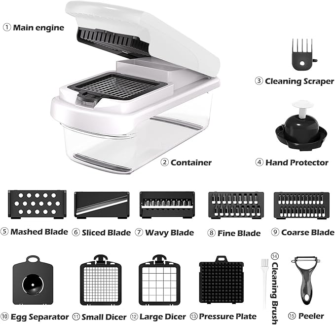 JAYVAR Vegetable Chopper for Mandoline Slicer, 15-In-1 Veggie Choppers, Cheese Grater, Onion Cutter with Container, Kitchen Gadgets Essentials, Vegetable Dicer, Onion Mincer Tomato Slicer (White)