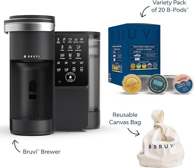 BRUVI The Bundle | Single-Serve Coffee System | Includes 20 Coffee and Espresso B-Pods Coffee Brewer