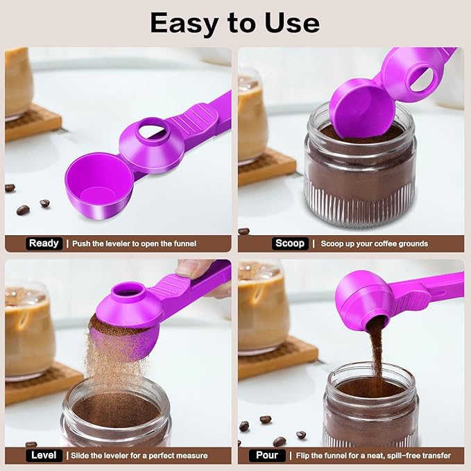 2-in-1 Coffee Scoop with Funnel, 2 Teaspoon Measuring Spoon for Reusable K Cups, Ground Coffee, Protein Powder & Tea, Mess-Free Plastic Design (Rose Red)