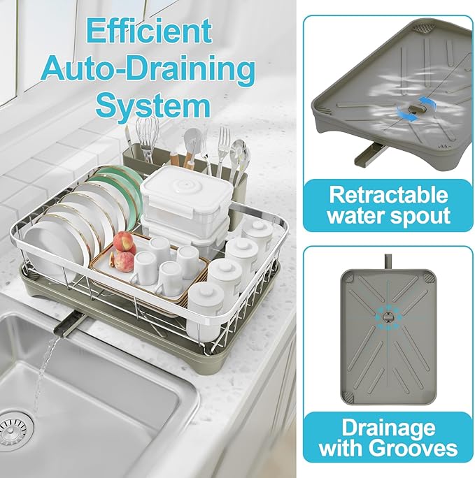 Dish Drying Rack - 304 Stainless Steel Dish Rack, Adjustable Spout Auto-Draining Dish Drainers for Kitchen Counter, Large Capacity for Bowls, Cups, Dish Drainer with Drainboard Grey
