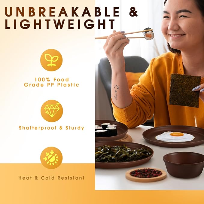 Plastic Dinnerware Sets – Brown Plastic Plates, 40-Piece Reusable Dishes Set for 8 with Cups, Forks, Knives and Spoons, Unbreakable Plates and Bowls for Camping, Outdoor Use