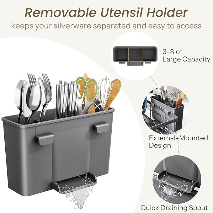 Dish Drying Rack - Small Dish Rack for Kitchen Counter, Stainless Steel Dish Drainer with Utensil Holder and Drainboard (Grey)