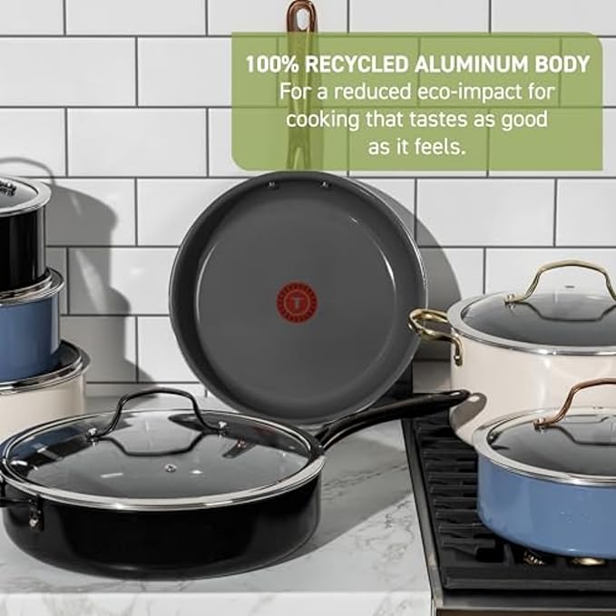 T-fal Preserve Ceramic, Non stick Cookware Set 13-Piece, Oven & Broiler Safe up to 350°F, Includes Stockpot, Saucepans, Frying Pans, Protectors, Pots and Pans, Black