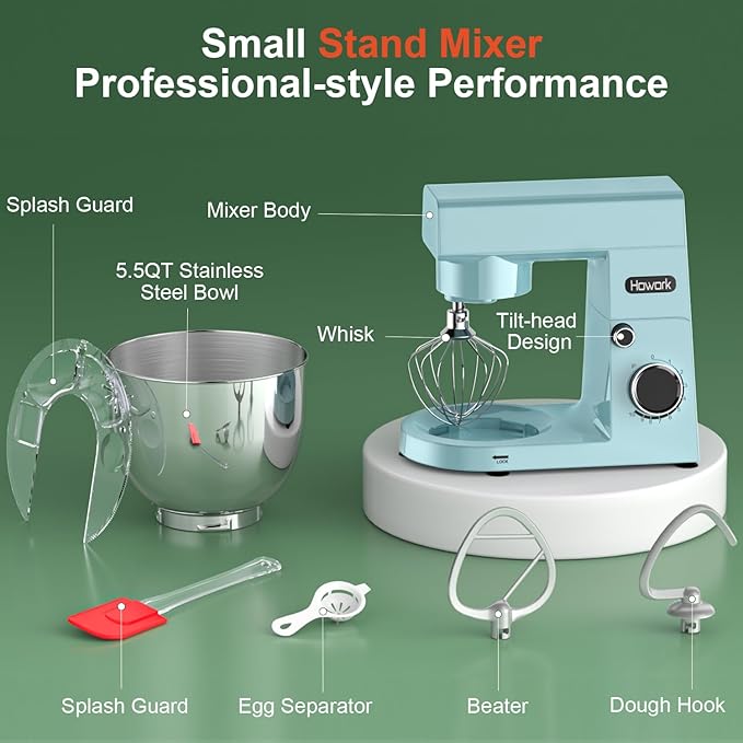 HOWORK Stand Mixer,10+p Speeds With 5.5QT Stainless Steel Bowl,Dough Hook, Wire Whip & Beater,for Most Home Cooks,Blue