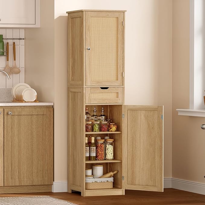67" H Tall Storage Cabinet with 2 Rattan Doors and 1 Drawer, Narrow Rattan Cabinet with Adjustable Shelves, for Living Room, Entryway, Kitchen, Natural