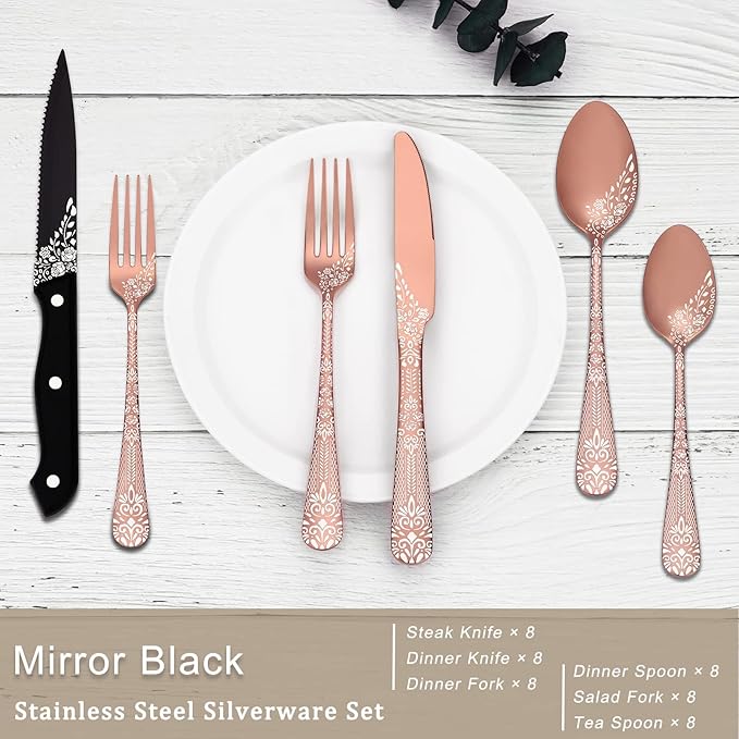 EUIRIO 48-Piece Rose Gold Silverware Set with Steak Knives, Flatware Set for 8, Stainless Steel Cutlery Set, Knives and Forks and Spoons Sets, Unique Pattern Design, Mirror Polish, Dishwasher Safe