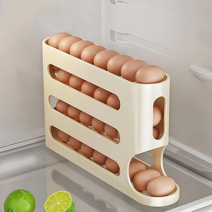 Egg Holder for Fridge, Egg container for refrigerator, Space-Saving Automatic Rolling Eggs Dispenser, 4 Tiers Fridge Egg Rack for Refrigerator Holds up to 30 pcs
