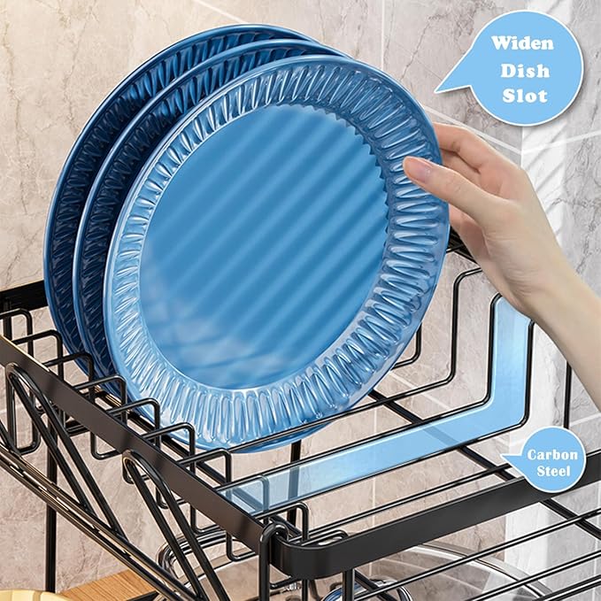 2-Tier Dish Drying Rack with Drainboard, Rustproof Stainless Steel Dish Rack for Kitchen Counter, Large Capacity Dish Drainer with Cup Holder, Utensil Holder, and Plate Organizer for Home Kitchens