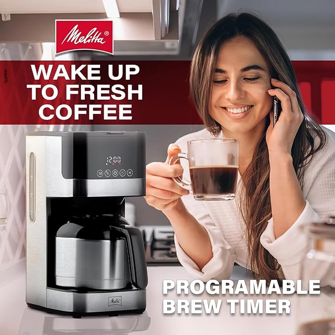 Melitta Aroma Tocco Thermal Drip Coffee Maker, 8-Cup, Programmable with Automatic Shut-Off, Pause & Serve, Stainless Steel Carafe with 5-Pack Coffee Filters