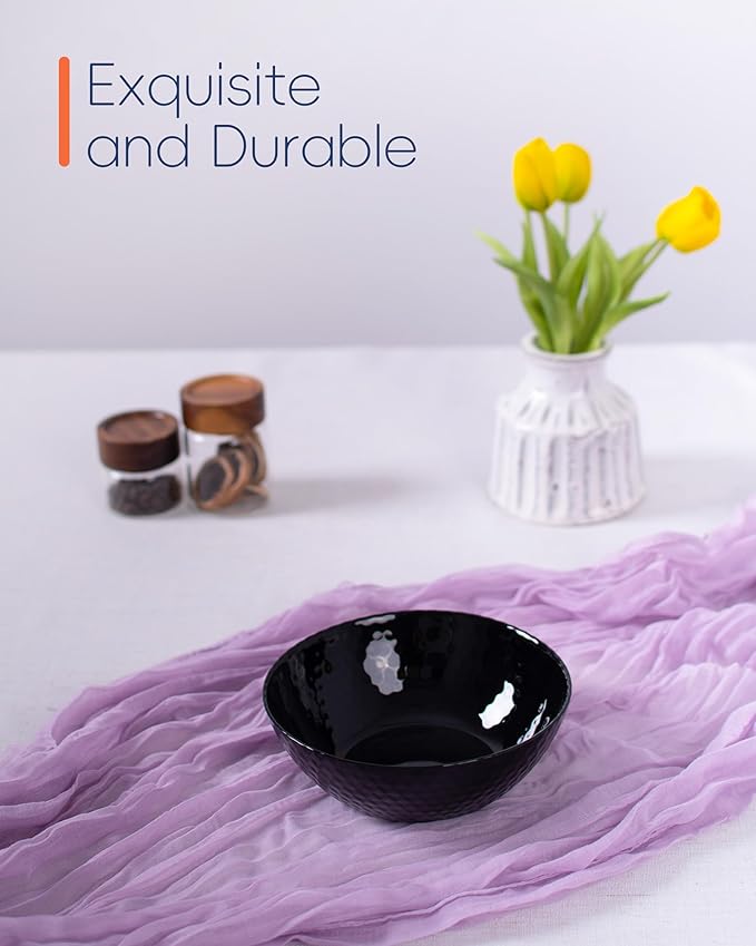 20 OZ Max Black Opal Glass Cereal Bowl Set of 6, Thin Light & Durable 6 inch Dishwasher & Microwave Safe Round Geometric Faceted Bowls for Kitchen, Salad, Soup and Rice