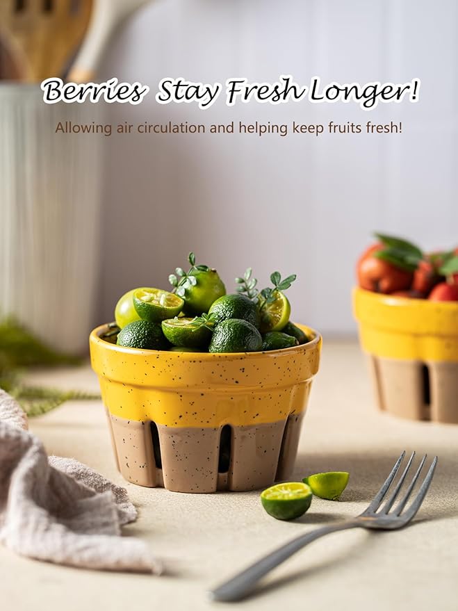 Gomakren Ceramic Berry Basket Set of 2, Round Fruit Bowls with Holes, Rustic Fruit Basket Containers for Kitchen, Berries, Strawberry, Grape, Cherry, Yellow + Brown