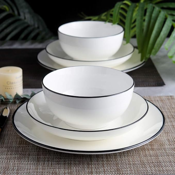 YOLIFE 26 Ounce Cereal Bowls, Ceramic Soup Bowls Set of 6, 6 inch White Salad Bowl for Breakfast, Oatmeal, Rice, Pasta, Dishwasher Microwave Oven Safe(Black Trim)