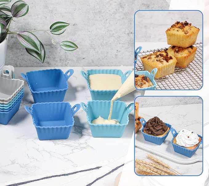 Koluti Reusable Silicone Baking Cups Set of 12, Nonstick Muffin Cupcakes Mold with Double Handle, BPA Free, Mini Square Air Fryer Cupcake Liners, 3 Colors