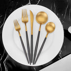 Matte Gold Silverware Set with black handle, Vanys 20 Piece Stainless Steel Cutlery Flatware Set, Kitchen Utensil Sets for 4, Tableware With Knife Spoons And Forks Set, Satin Finished Polished