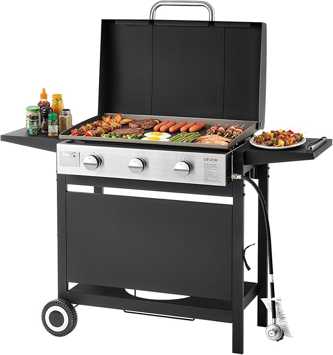 VEVOR Gas Griddle, 3-Burner Flat Top Grill, Propane Griddle with Wheels, Lid, 33000 BTU Outdoor Flat Top Grills for Pan-Frying, Grilling, Stir-Frying, & BBQ, Pulse Ignition, Removable Top Design
