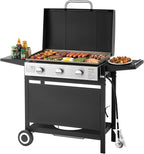 VEVOR Gas Griddle, 3-Burner Flat Top Grill, Propane Griddle with Wheels, Lid, 33000 BTU Outdoor Flat Top Grills for Pan-Frying, Grilling, Stir-Frying, & BBQ, Pulse Ignition, Removable Top Design