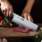 Nakiri Knife 7 Inch, Hand Forged Japanese High-corbon Steel Chef Knife, Multipurpose Meat and Vegetable Kitchen Knife with Red Sandal Wooden Handle & Gift Box