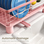 Dish Drying Rack - Small Dish Rack for Kitchen Counter, Stainless Steel Dish Drainer with Utensil Holder and Drainboard (Pink)