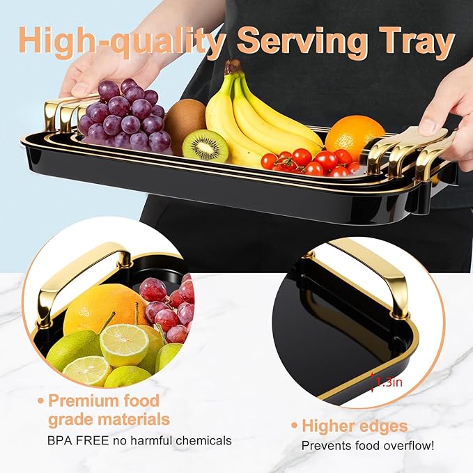 Set of 3 Serving Platters with Handles 16.5/15/13.2 Inch Reusable Large Serving Trays, Party Food Tray, Rectangular Dinner Plates for Cookie, Cake, Turkey, Cheese, Fruit, Snack(Black)
