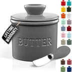 Zulay Kitchen Porcelain Butter Crock With Lid & Knife - Authentic French Butter Dish For Fresh & Spreadable Butter - Gray