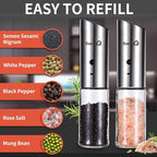 Gravity Electric Salt and Pepper Grinder Set of 2,USB Rechargeable Kitchen Electric Pepper Mill with Adjustable Grinder and LED Light,Tall Glass Salt and Pepper Grinders Refillable