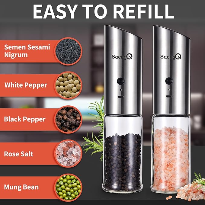 Gravity Electric Salt and Pepper Grinder Set of 2,USB Rechargeable Kitchen Electric Pepper Mill with Adjustable Grinder and LED Light,Tall Glass Salt and Pepper Grinders Refillable