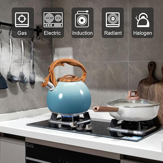 GGC Tea Kettle for Stove Top, 3.1QT/3L Whistling Tea Kettles for Boiling Water Coffee or Milk, Gradient Gray Tea Pot with Wood Parttern Handle, Stainless Steel Tea Pot for Home and Kitchen