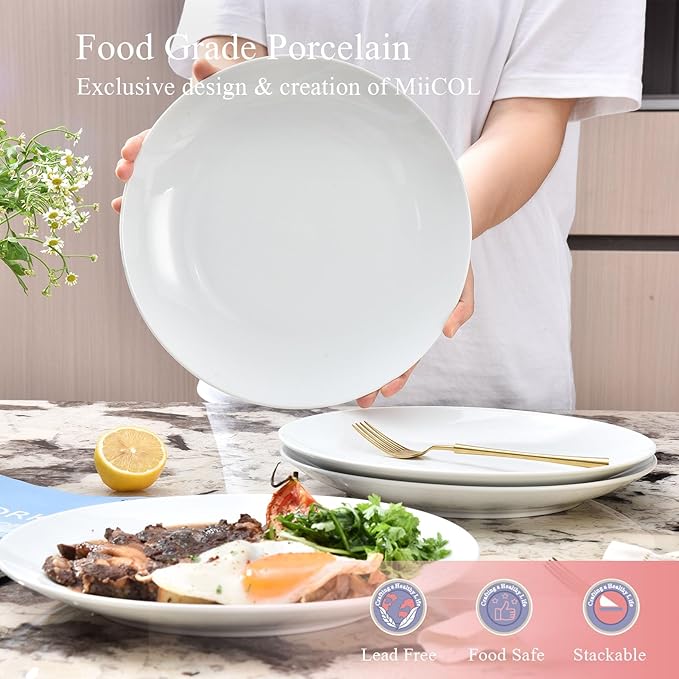 Miicol Ceramic Dinner Plates Set of 4, Large Salad Plate 10.5 inch, White Flat Dish, Porcelain Serving Dishes for Pasta, Steak, Dessert, Microwave and Dishwasher Safe, Scratch Resistant