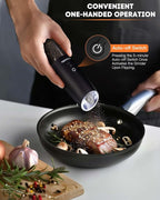 AmuseWit Gravity Electric Pepper Mill or Salt Grinder Mill [White Light] USB Rechargeable Automatic Pepper Grinder, Adjustable Coarseness, One-Handed Operation, Matte Black
