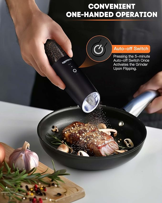 AmuseWit Gravity Electric Pepper Mill or Salt Grinder Mill [White Light] USB Rechargeable Automatic Pepper Grinder, Adjustable Coarseness, One-Handed Operation, Matte Black