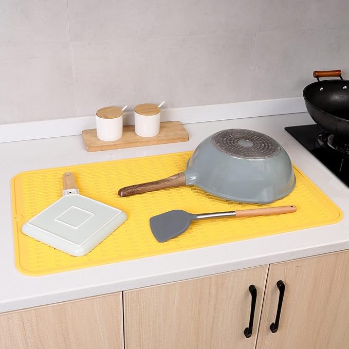 Silicone Dish Drying Mat for Multiple Usage,Easy clean,Eco-friendly,Heat-resistant Silicone Mat for Kitchen Counter or Sink,Refrigerator or Drawer Liner Yellow 4XL 32 inches x 18 inches