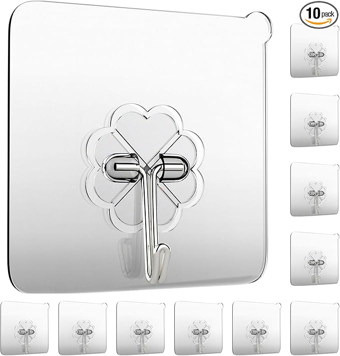 Wall Hooks 33lb(MAX) Heavy Duty Self Adhesive Hooks 10 Pack,Waterproof and Oilproof,Transparent Seamless Hooks Strong,Suitable for Bathroom Kitchen