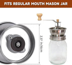 Manual Coffee Grinder Lid Attachment for Regular Mouth Mason Jars, Stainless Steel with Ceramic Burr, Ideal for Camping & Home Barista