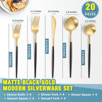 Lemeya Matte Black Gold Silverware Set for 4,Modern Stainless Steel Brushed Cutlery Set,20-Pieces Heavy Duty Flatware Set,Knives Spoons and Forks Set Utensils Set, Satin Finish, Dishwasher Safe