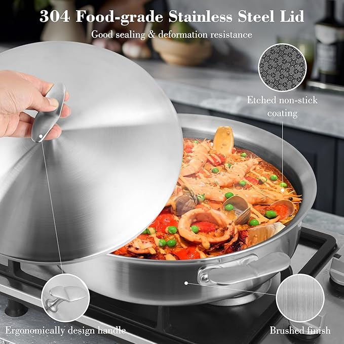 12 Inch Frying Pan with Lid, Tri-ply Stainless Steel Saute Pan, Non Stick Pans, Non Toxic Frying Pan, 5.2 QT Deep Skillet PTFE&PFOA Free, Induction, Oven & Dishwasher Safe